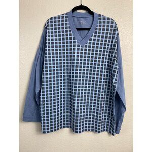 Taro Blue Long Sleeve Grid Plaid Top Women XL Cotton V-Neck Made in Portugal
